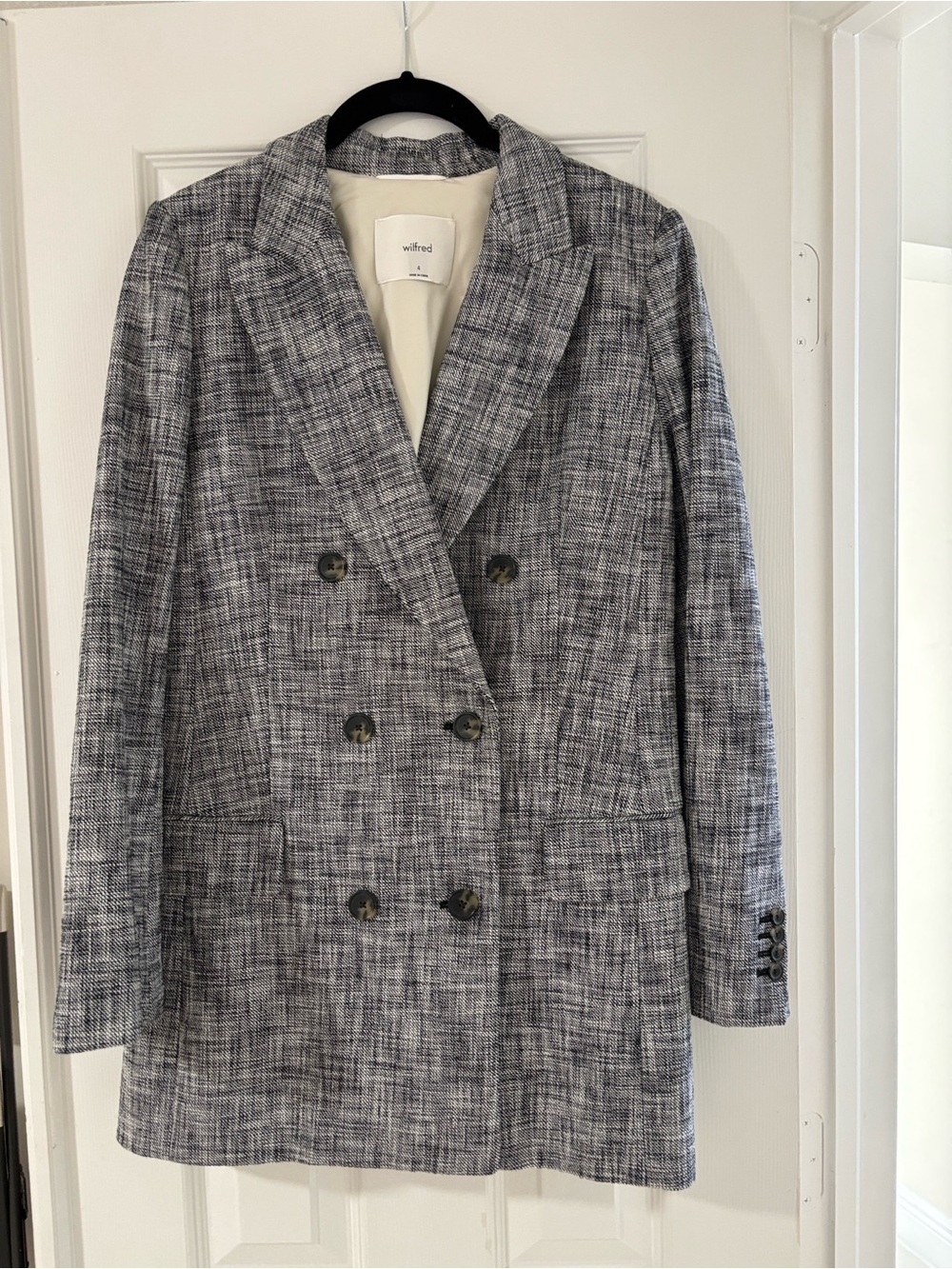 Aritzia/Wilfred Gray Plaid Double-Breasted Blazer Coat
